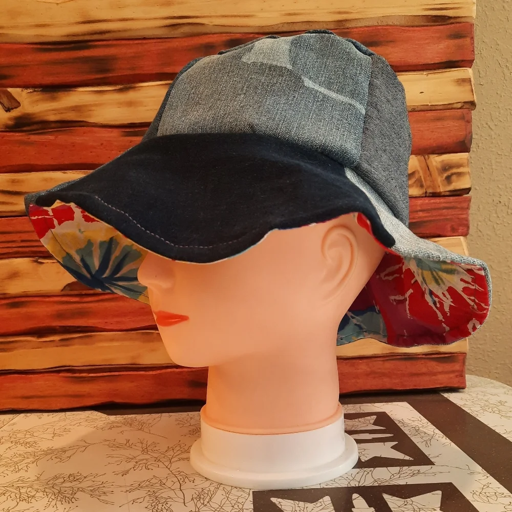Handmade denim patch scrap bucket Hat M-L tie dye brim